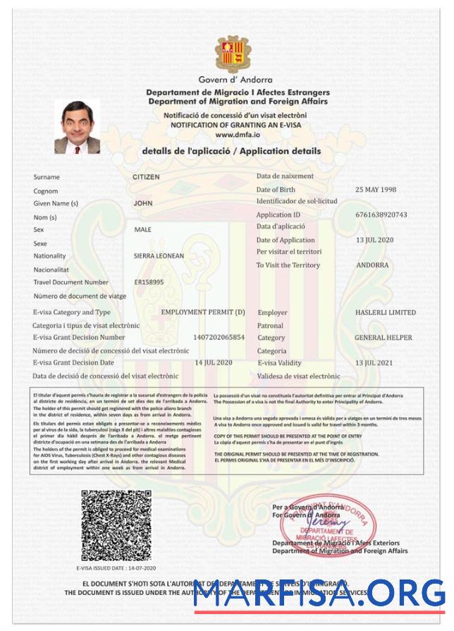 Downloadable Andorra e visa sample